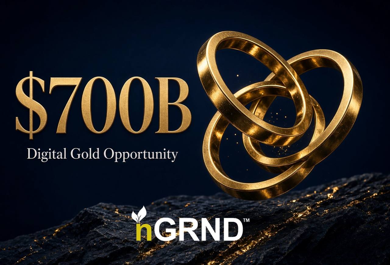 nGRND artwork showing interlocking gold rings and the words $700B Digital Gold Opportunity