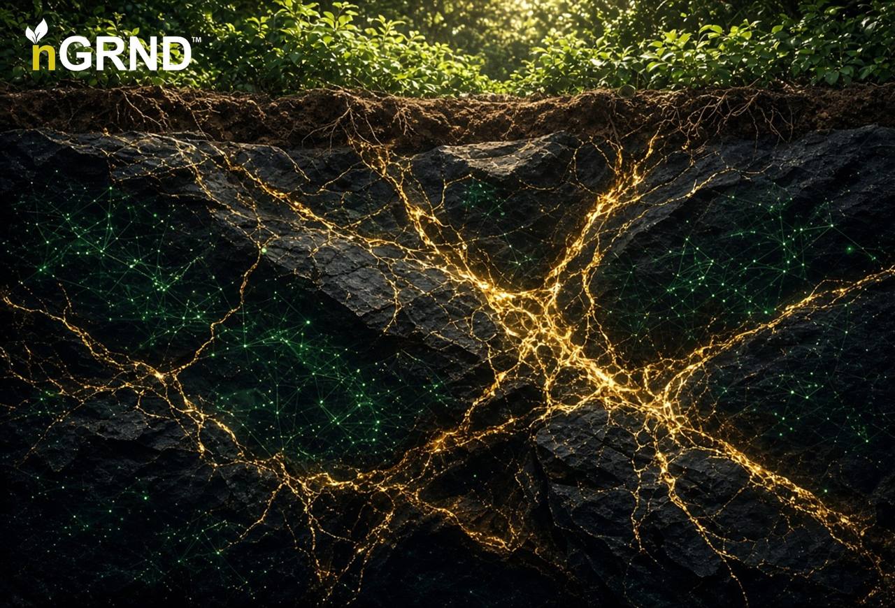 nGRND artwork showing gold veins and a digital network beneath a forest floor