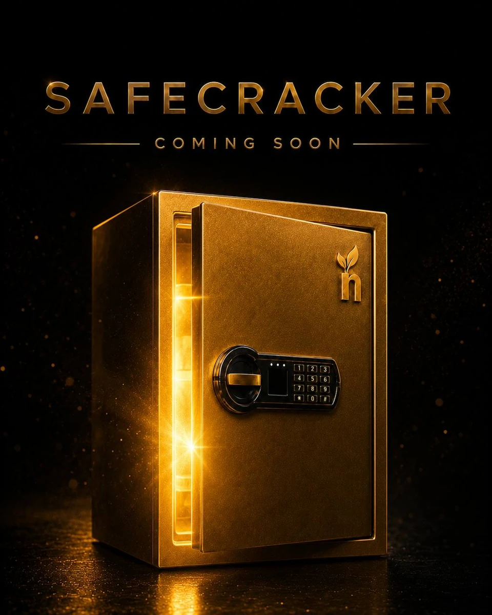 Safecracker coming soon artwork showing a gold safe on black