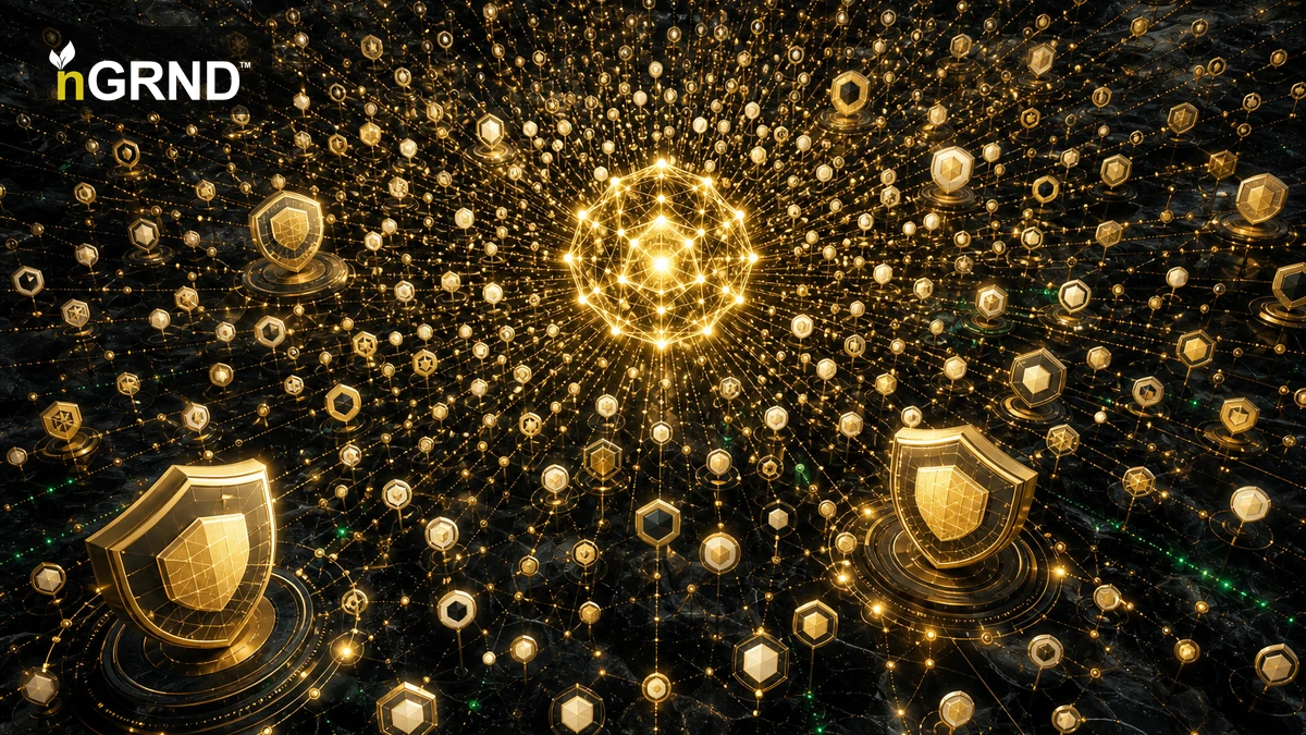 A large gold node network with shield-like digital badges