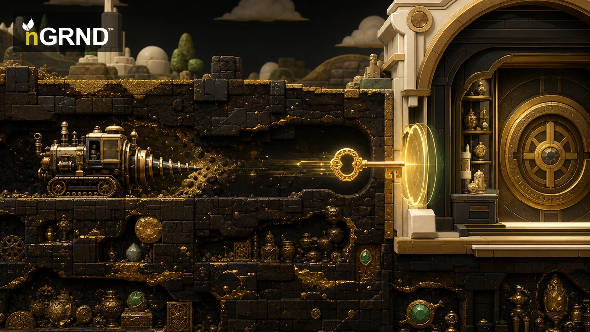 A side-scrolling underground game world with a key entering a protected vault