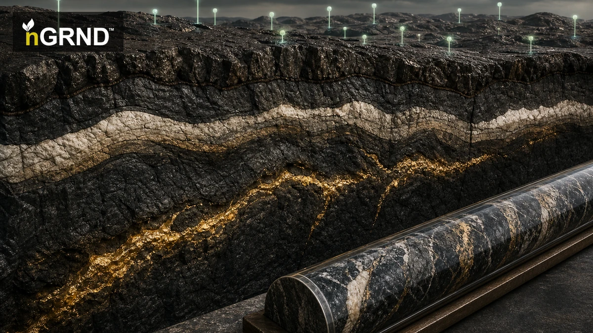A geological cross-section with a gold-bearing vein and core sample