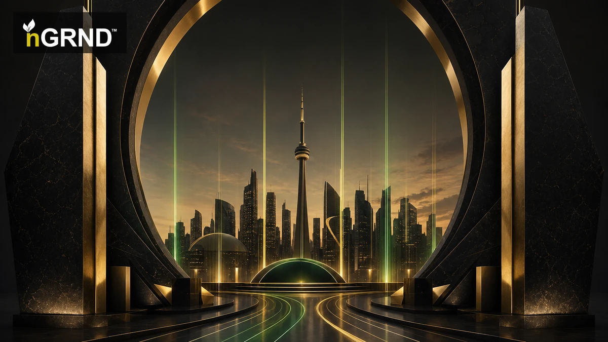 A gold architectural portal framing the Toronto skyline and CN Tower