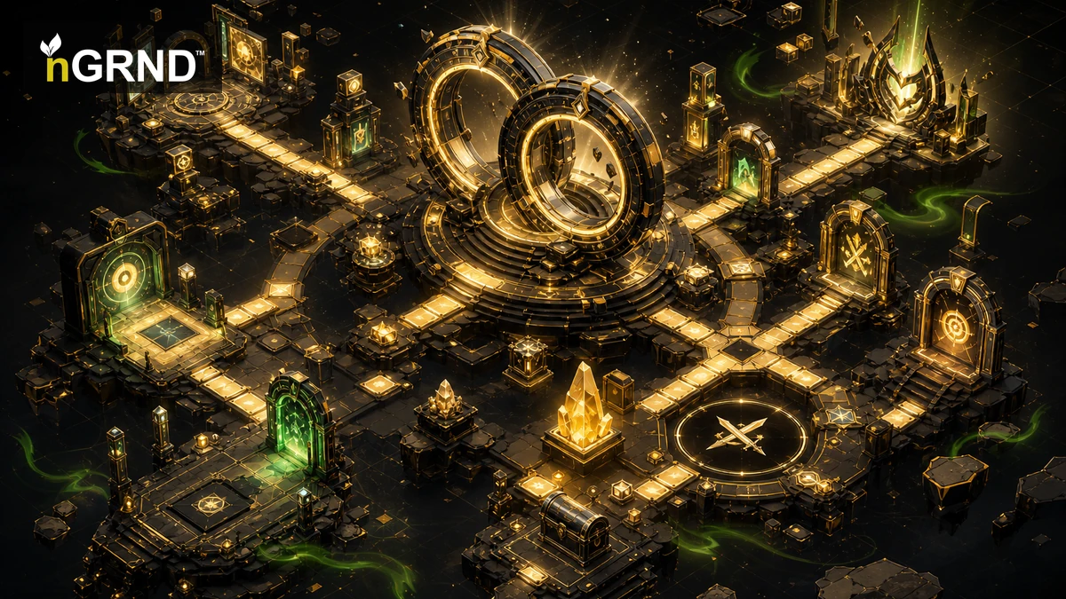 An isometric gold-and-green game arena with challenge paths and twin rings