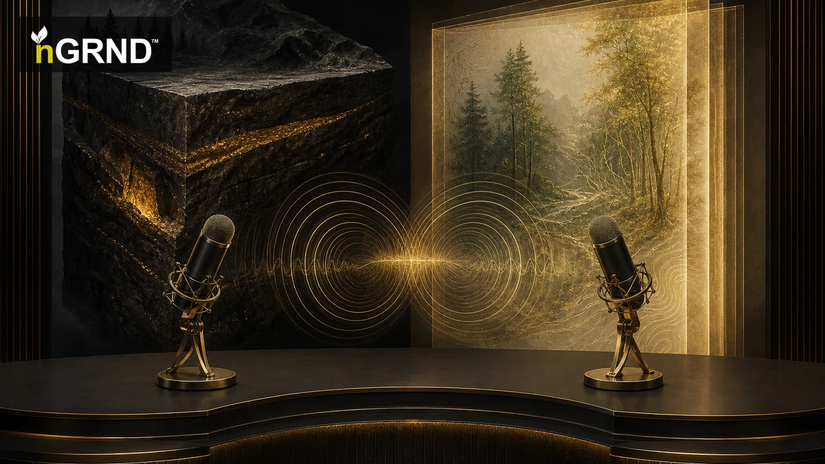 Two studio microphones between geological strata and a preserved-land ledger