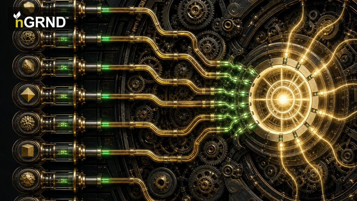 Eight gold input channels feeding a mechanical reward distribution engine