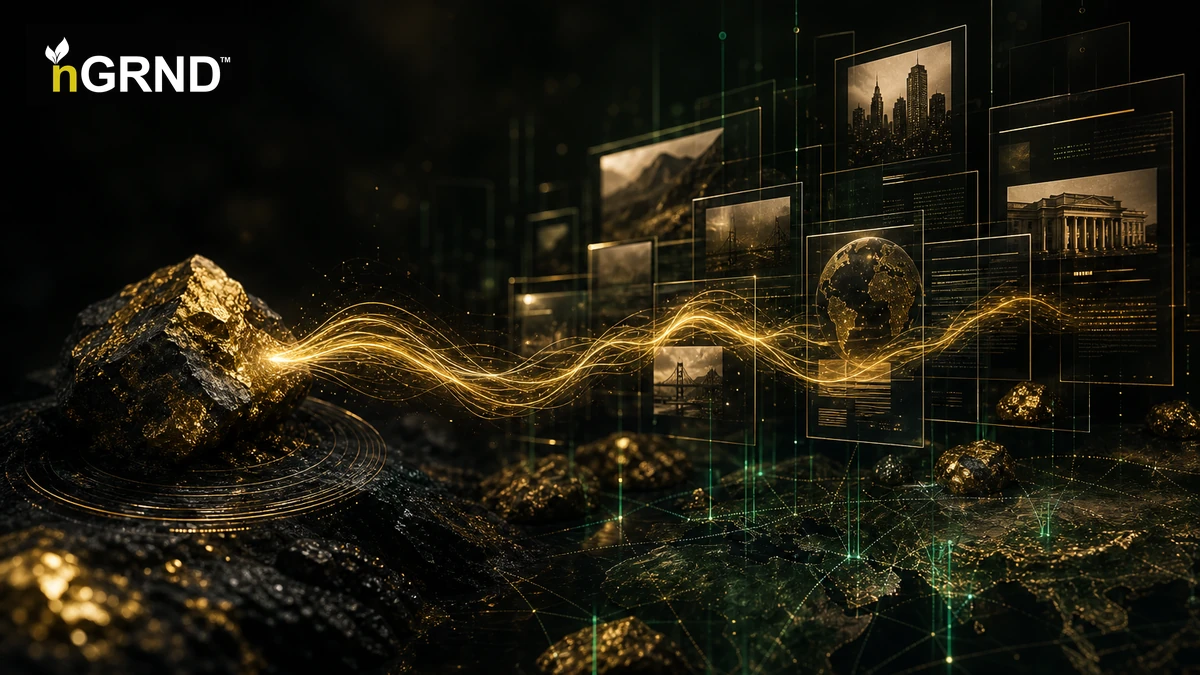 Media panels and a gold signal connecting preserved ore to published coverage